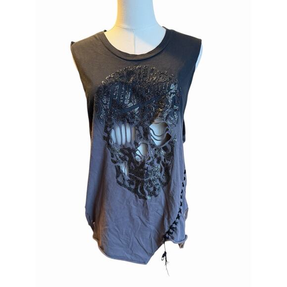 Affliction Womens T-Shirt Size Large Skull Patchwork Deconstructed Gothic Grunge - Picture 5 of 11